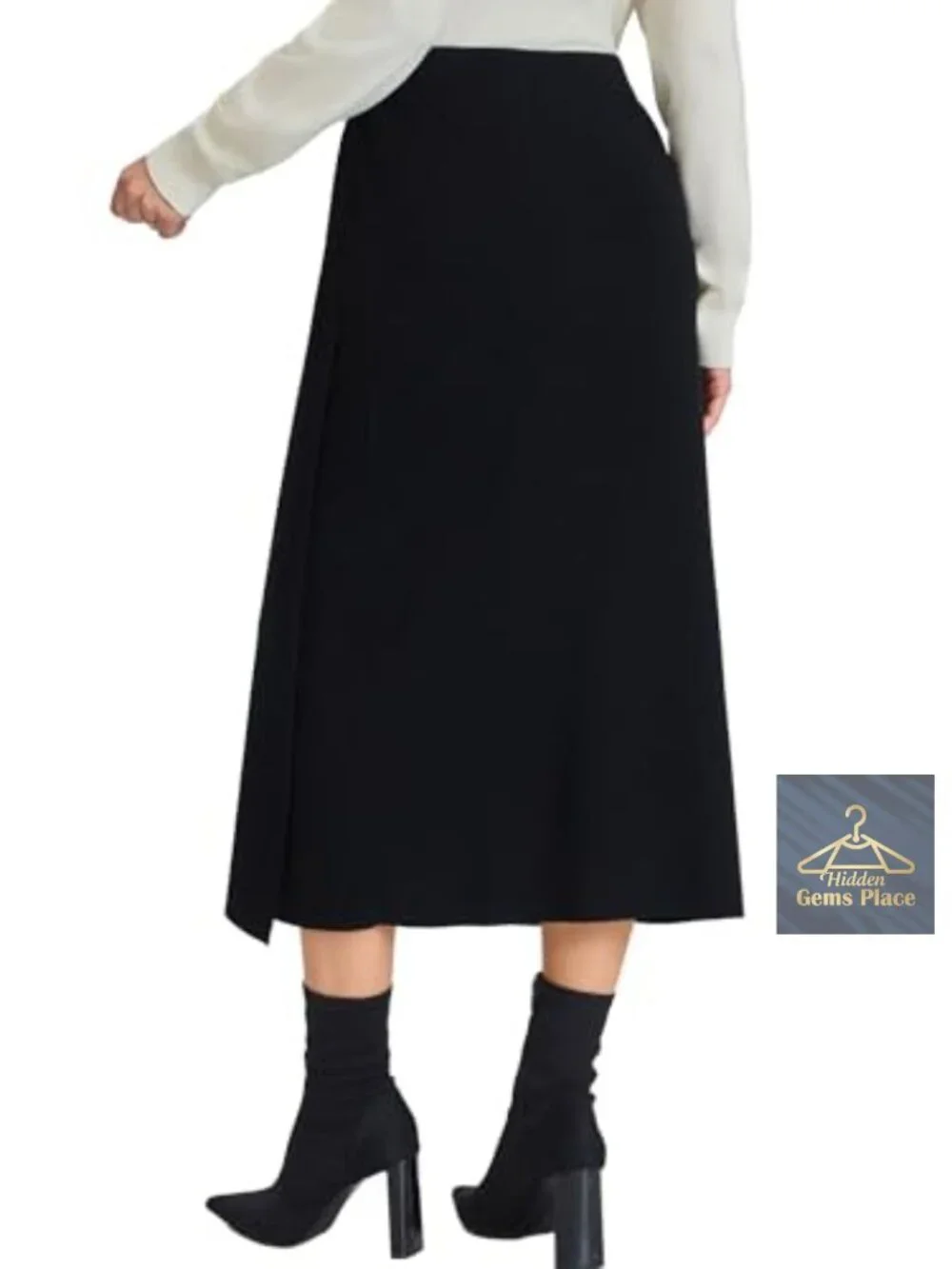 High Waist Midi Wool Knit Skirt with Slit Machine Washable